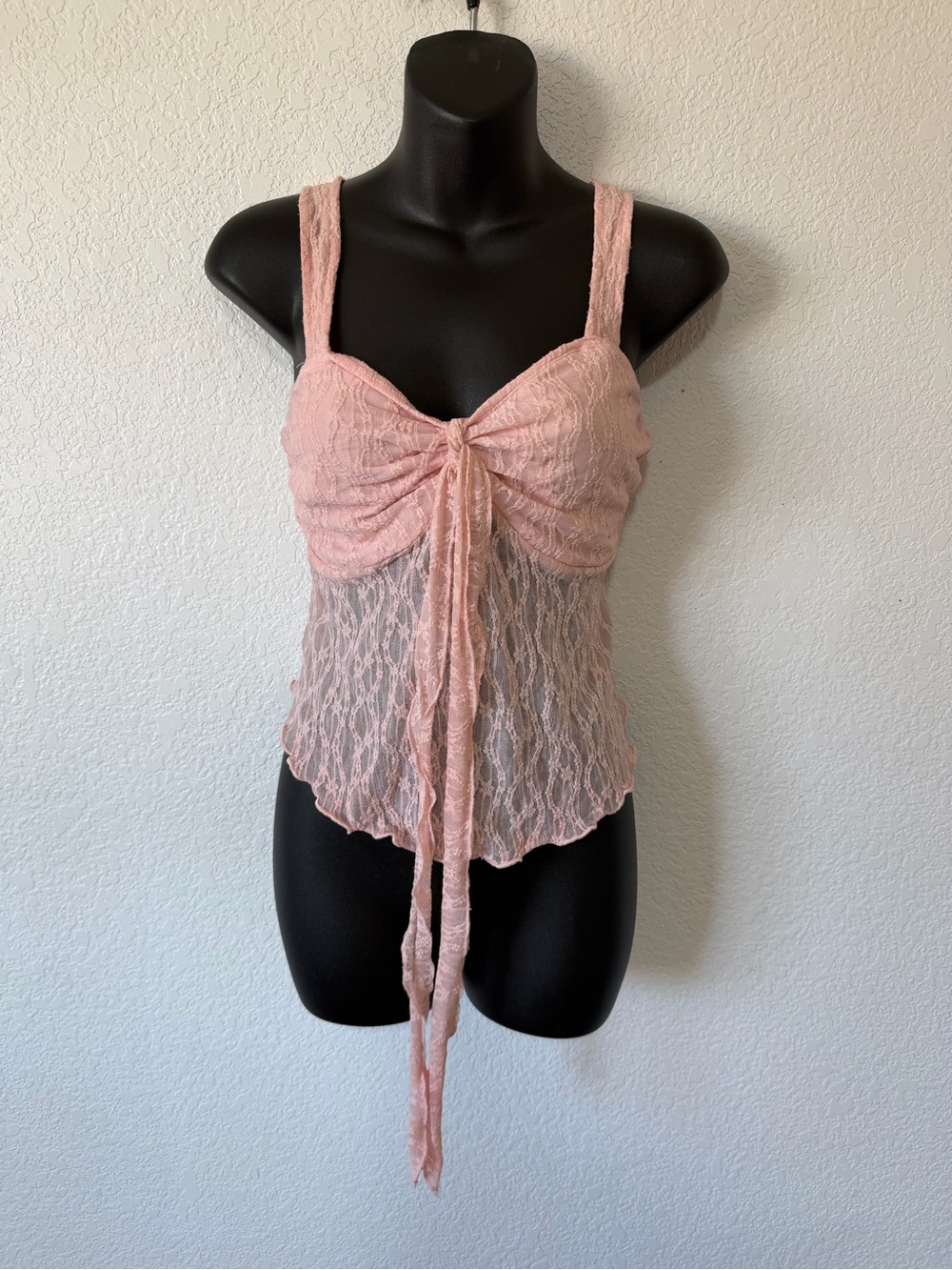 Delicate Pink Lace Tie-Front Cami Top